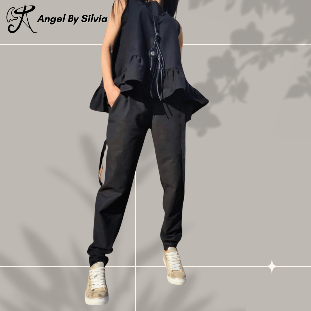 Chic Black Linen Two Piece Set with Flared Wide Top and Casual Loose Fit Pants  • Minimalist Summer Outfit • Stylish Comfy Women’s Ensemble - Handmade clothing from Angel By Silvia - Top Designer Brands 