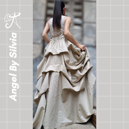 Linen Handmade Beige Maxi Skirt • Floor-Length Layered Boho Skirt • High Waist Flowy Elegant Skirt • Soft Textured Linen Skirt - Handmade clothing from Angel By Silvia - Top Designer Brands 
