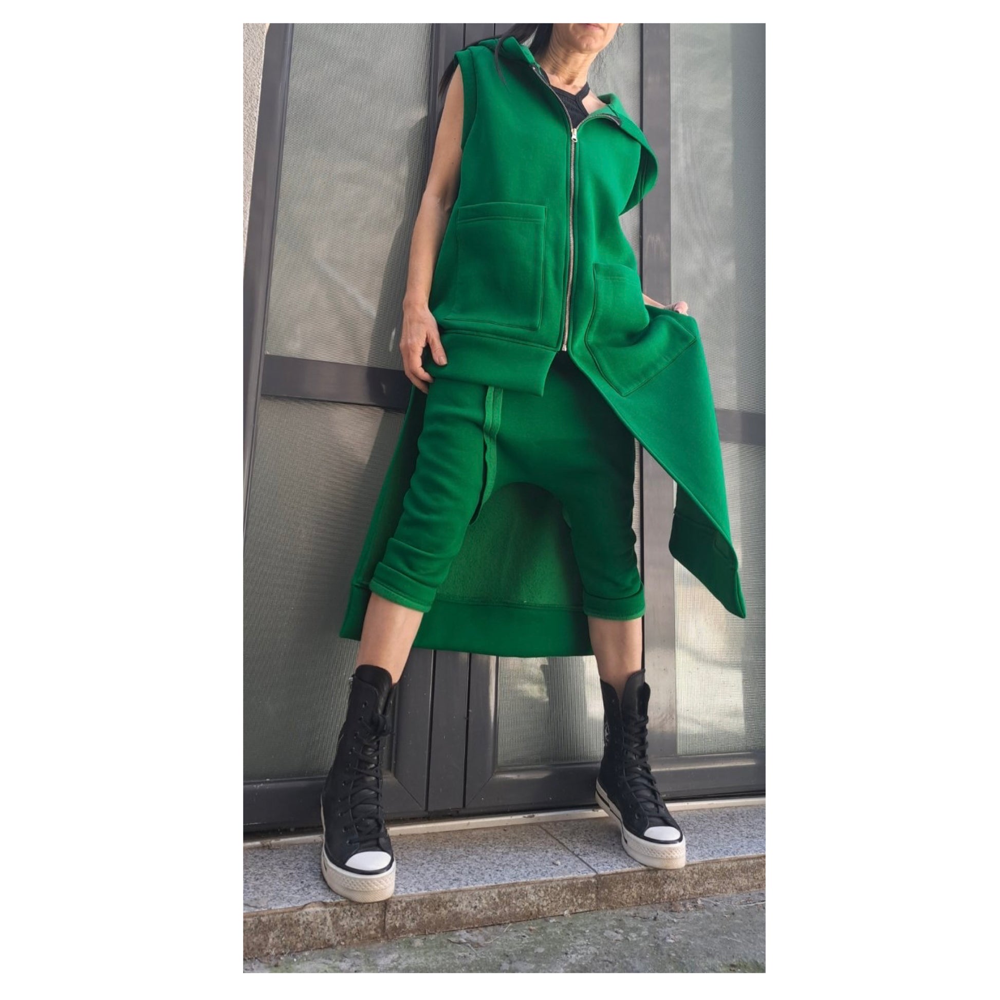 Extravagant Green Outfit / Asymmetric Two Piece Set / Hooded Warm Vest Pants / Outwear Green Set / Streetwear Woman Green Suit Set - Handmade clothing from Angel By Silvia - Top Designer Brands 