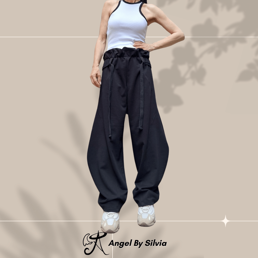 Black Balloon Pants for Women • High Waist Drawstring Loose Fit Cotton Trousers • No Pocket Urban Joggers • Handmade XS to 5XL - Handmade clothing from Angel By Silvia - Top Designer Brands 
