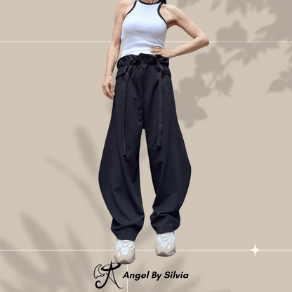 Black Balloon Pants for Women • High Waist Drawstring Loose Fit Cotton Trousers • No Pocket Urban Joggers • Handmade XS to 5XL - Handmade clothing from Angel By Silvia - Top Designer Brands 