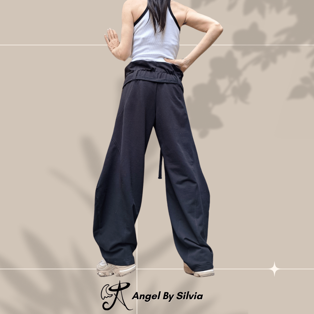 Black Balloon Pants for Women • High Waist Drawstring Loose Fit Cotton Trousers • No Pocket Urban Joggers • Handmade XS to 5XL - Handmade clothing from Angel By Silvia - Top Designer Brands 