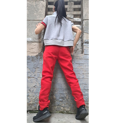 Outwear Woman Outfit / Extravagant Winter Pants Top Tracksuit / Short Sleeve Top / High Waist  Pants / Warm Red Grey Set / Daywear Woman Set - Handmade clothing from AngelBySilvia - Top Designer Brands 