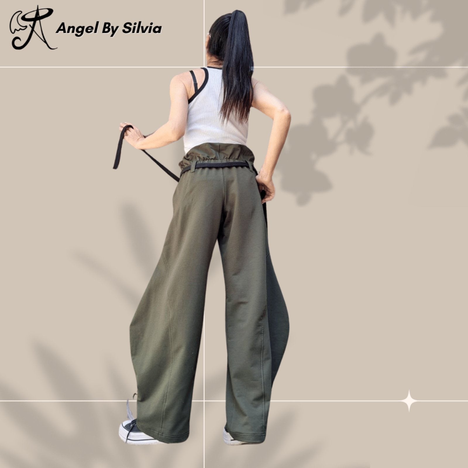Military Green Balloon Pants for Women – High Waisted Loose Fit Cotton Trousers • Elastic Drawstring Joggers • Boho Streetwear Pants • Handmade XS to 5XL - Handmade clothing from Angel By Silvia - Top Designer Brands 