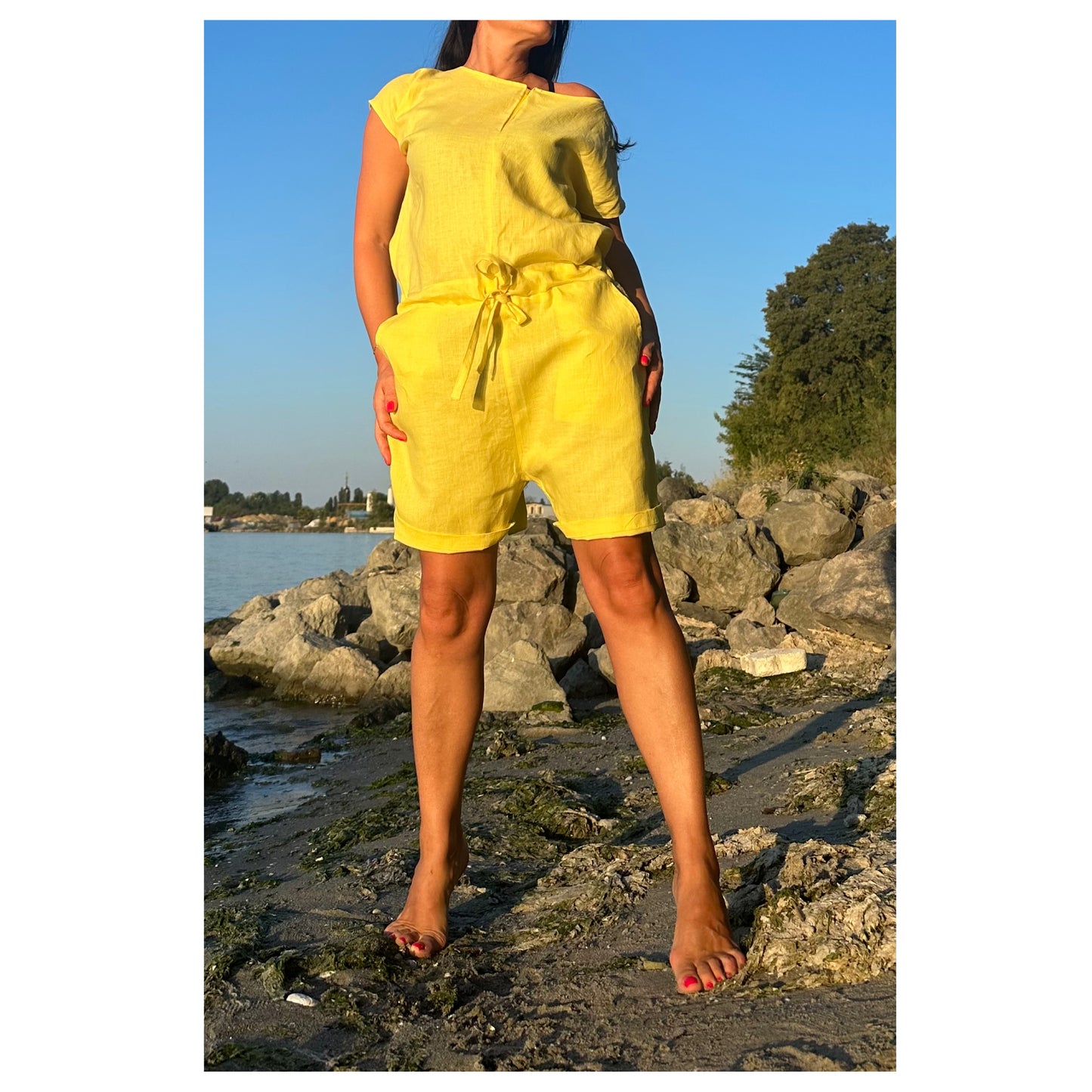 Linen Yellow Open Back Jumpsuit - Handmade clothing from Angel By Silvia - Top Designer Brands 