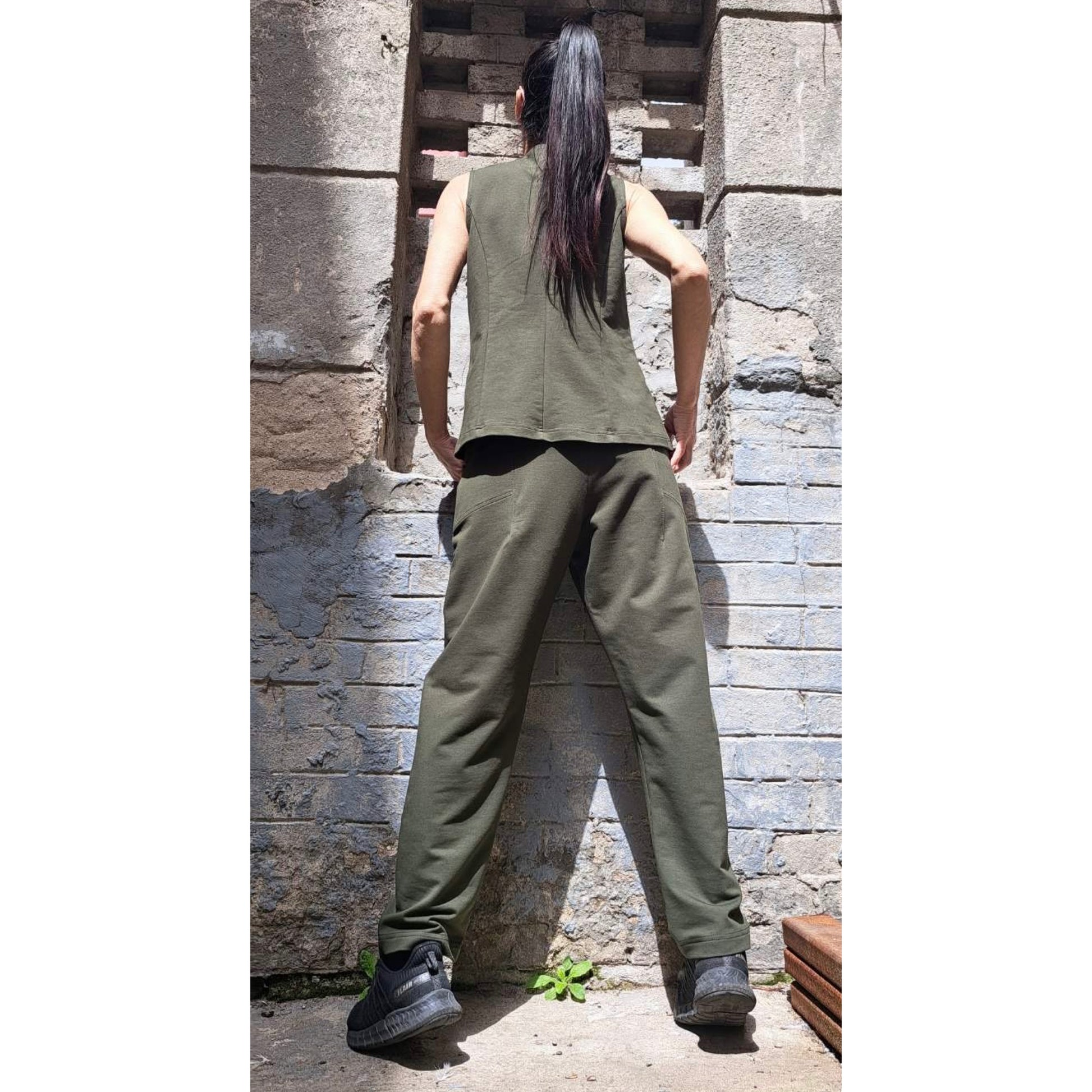 New Collection Extravagant Set / Asymmetric Military Green Outfit / Sleeveless Vest / Avantgarde Pants Vest Set / Streetwear Cotton Outfits - Handmade clothing from Angel By Silvia - Top Designer Brands 