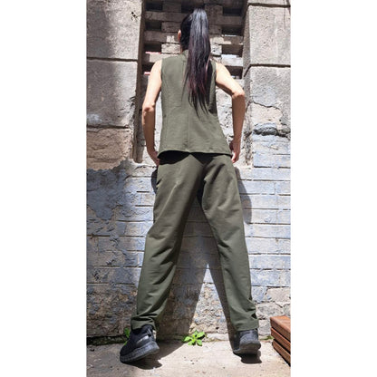 New Collection Extravagant Set / Asymmetric Military Green Outfit / Sleeveless Vest / Avantgarde Pants Vest Set / Streetwear Cotton Outfits - Handmade clothing from Angel By Silvia - Top Designer Brands 