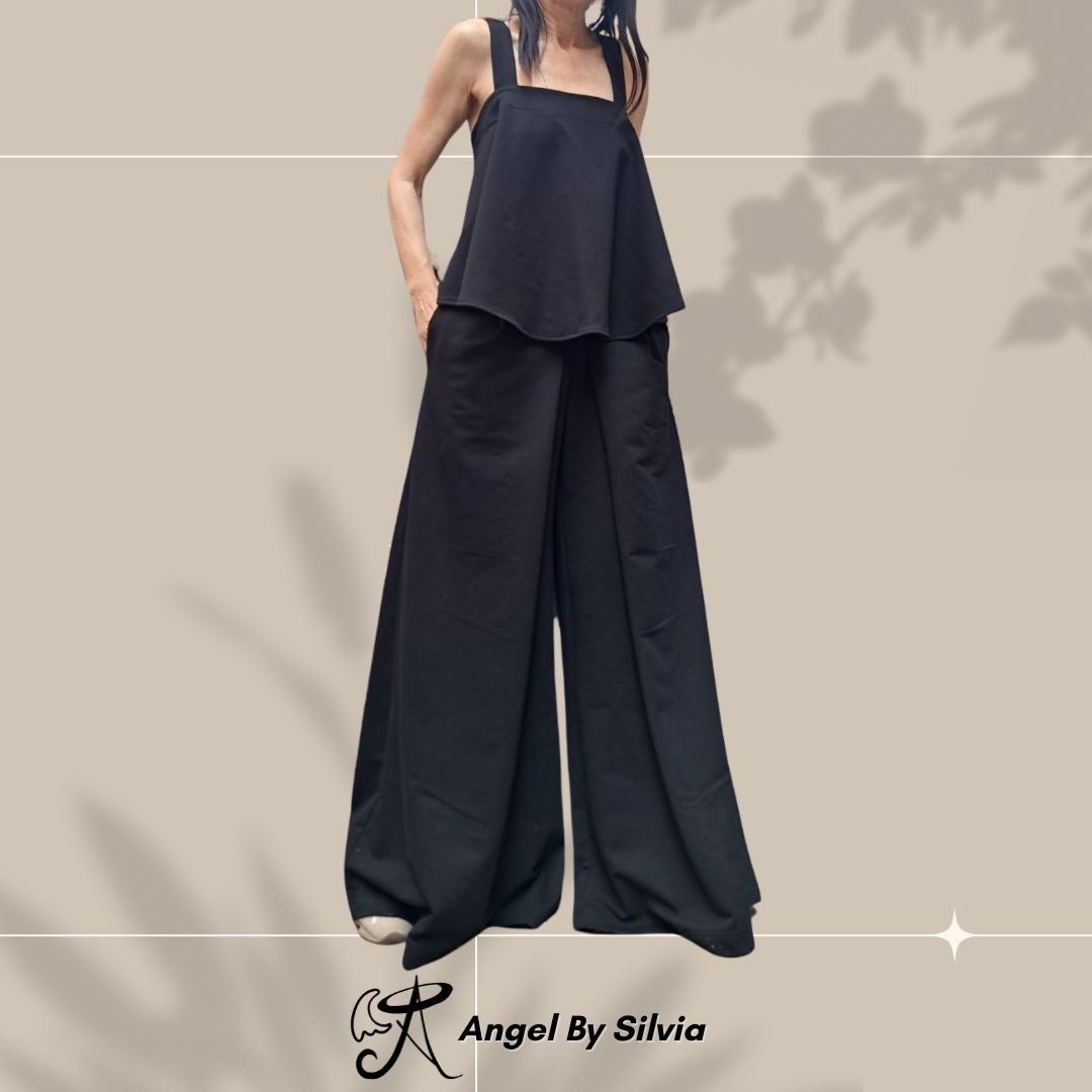 Black Cotton Two Piece Set • High Waist Wide Leg Pants + Asymmetric Open Back Tank Top • Sporty Chic Summer Outfit • Handmade Sizes XS-5XL - Handmade clothing from Angel By Silvia - Top Designer Brands 