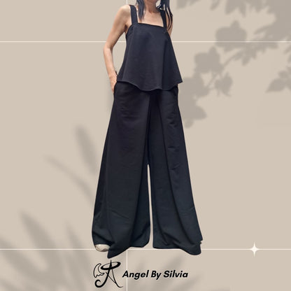 Black Cotton Two Piece Set • High Waist Wide Leg Pants + Asymmetric Open Back Tank Top • Sporty Chic Summer Outfit • Handmade Sizes XS-5XL - Handmade clothing from Angel By Silvia - Top Designer Brands 