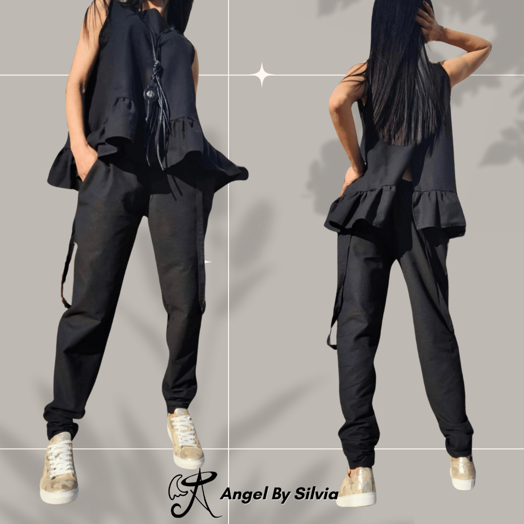 Chic Black Linen Two Piece Set with Flared Wide Top and Casual Loose Fit Pants  • Minimalist Summer Outfit • Stylish Comfy Women’s Ensemble - Handmade clothing from Angel By Silvia - Top Designer Brands 