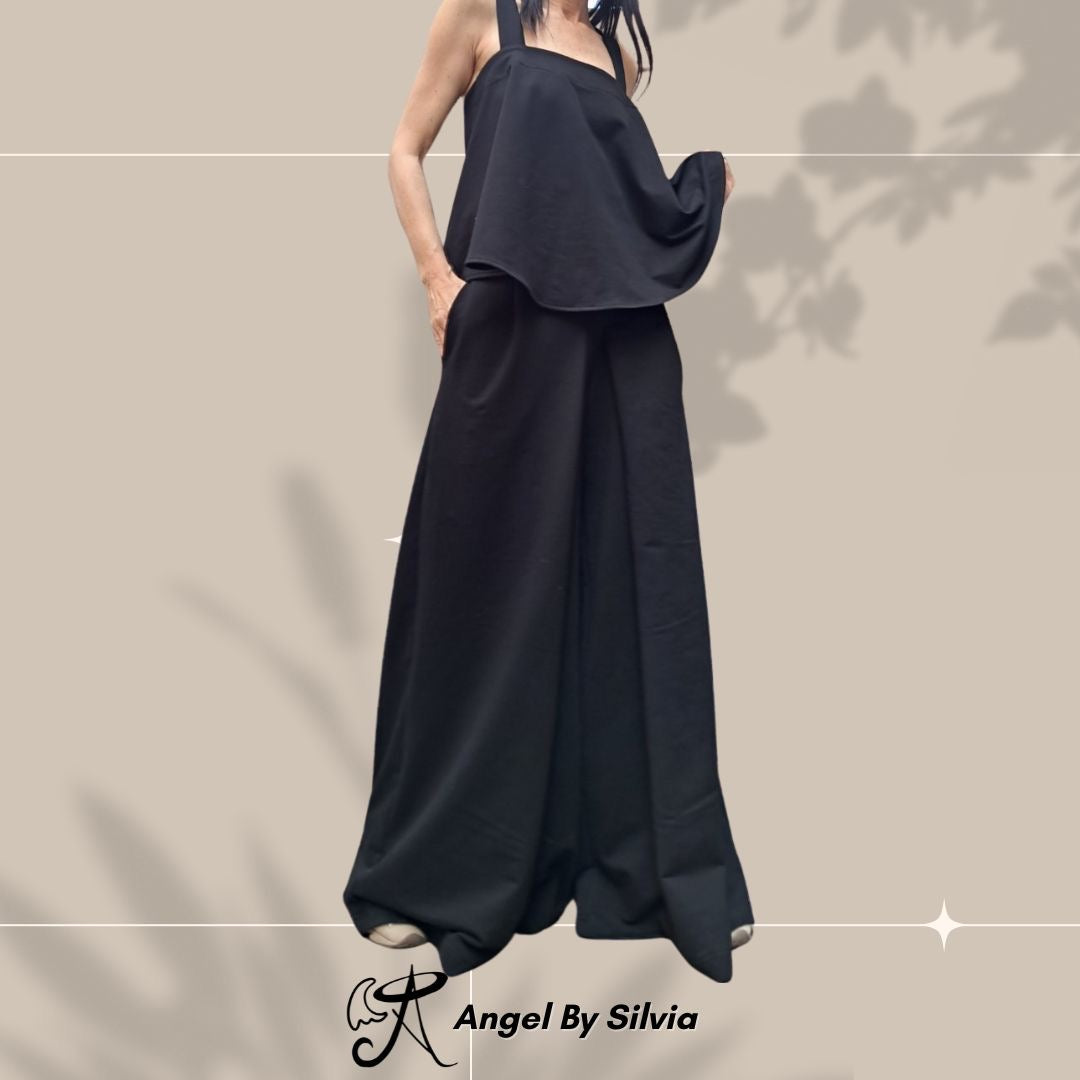 Black Cotton Two Piece Set • High Waist Wide Leg Pants + Asymmetric Open Back Tank Top • Sporty Chic Summer Outfit • Handmade Sizes XS-5XL - Handmade clothing from Angel By Silvia - Top Designer Brands 