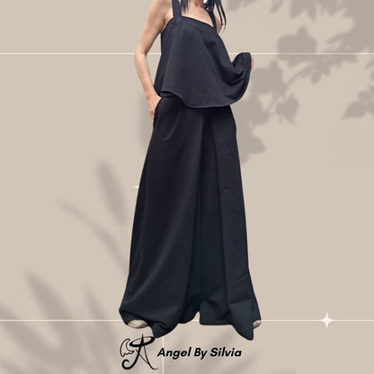 Black Cotton Two Piece Set • High Waist Wide Leg Pants + Asymmetric Open Back Tank Top • Sporty Chic Summer Outfit • Handmade Sizes XS-5XL - Handmade clothing from Angel By Silvia - Top Designer Brands 