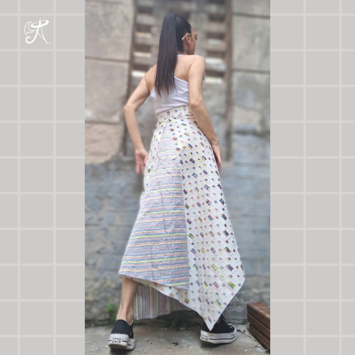 Designer Denim Maxi Skirt • Handmade Asymmetric Art Piece • White Base with Colorful Accents • Flowy Ankle-Length • Tailored Fit Available - Handmade clothing from Angel By Silvia - Top Designer Brands 