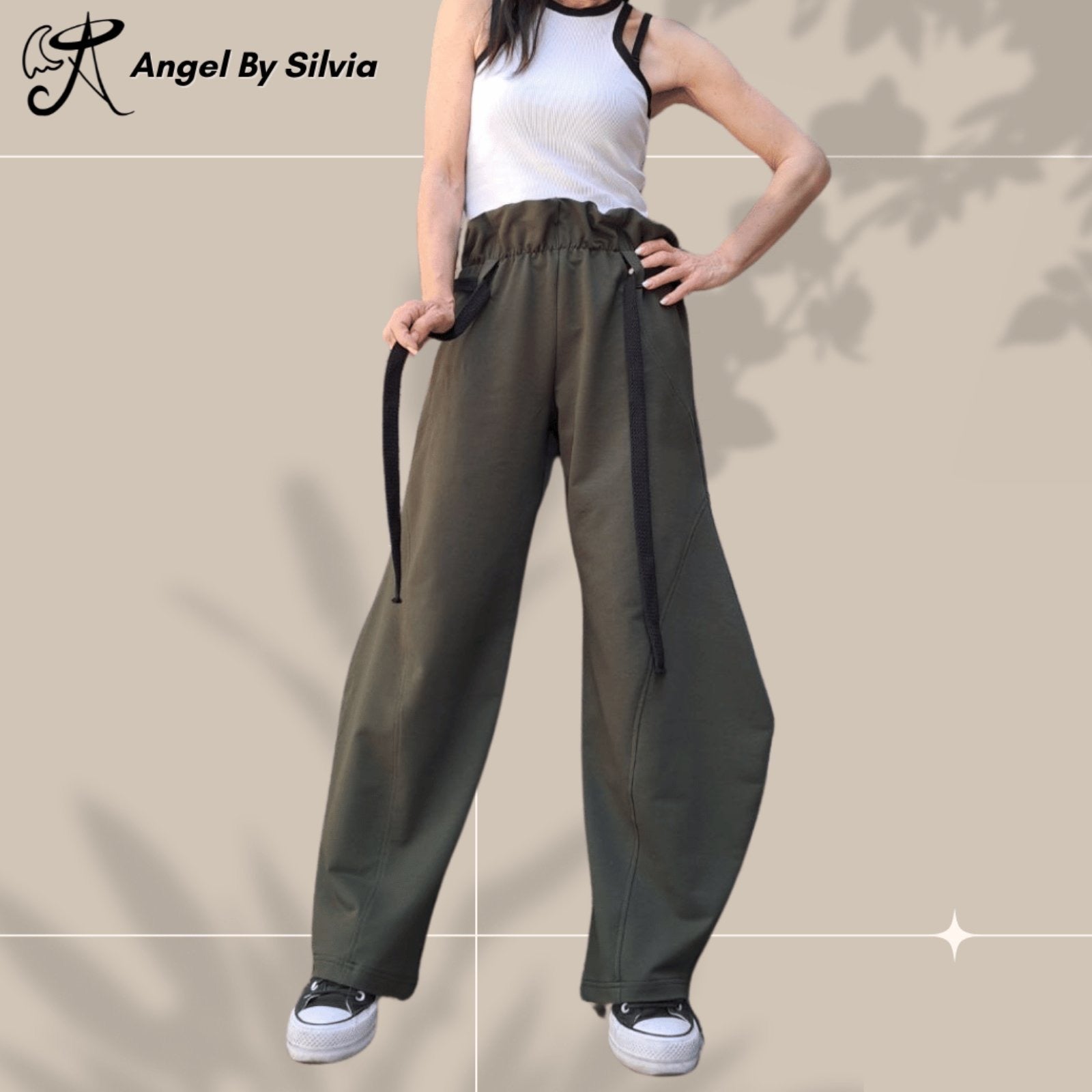 Military Green Balloon Pants for Women – High Waisted Loose Fit Cotton Trousers • Elastic Drawstring Joggers • Boho Streetwear Pants • Handmade XS to 5XL - Handmade clothing from Angel By Silvia - Top Designer Brands 