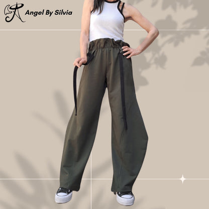 Military Green Balloon Pants for Women – High Waisted Loose Fit Cotton Trousers • Elastic Drawstring Joggers • Boho Streetwear Pants • Handmade XS to 5XL - Handmade clothing from Angel By Silvia - Top Designer Brands 