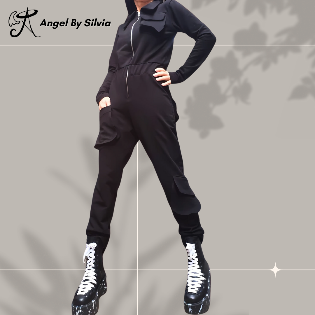 Sporty Elegant Black Cotton Overalls with Stretch Fabric • Casual One Piece Jumpsuit for Women • Stylish Comfortable Urban Outfit - Handmade clothing from Angel By Silvia - Top Designer Brands 