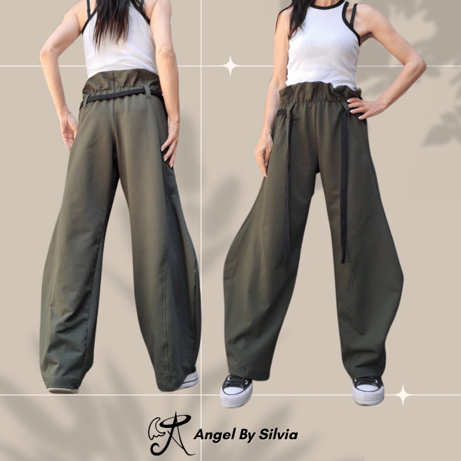 Military Green Balloon Pants for Women – High Waisted Loose Fit Cotton Trousers • Elastic Drawstring Joggers • Boho Streetwear Pants • Handmade XS to 5XL - Handmade clothing from Angel By Silvia - Top Designer Brands 