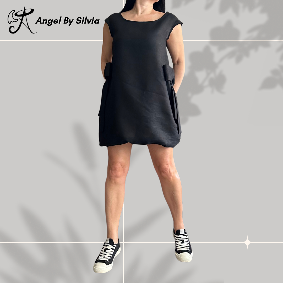 Black Linen Tunic Dress with Bows – Sleeveless Oversized Summer Dress – Handmade Minimalist Linen Clothing by AngelBySilvia - Handmade clothing from Angel By Silvia - Top Designer Brands 