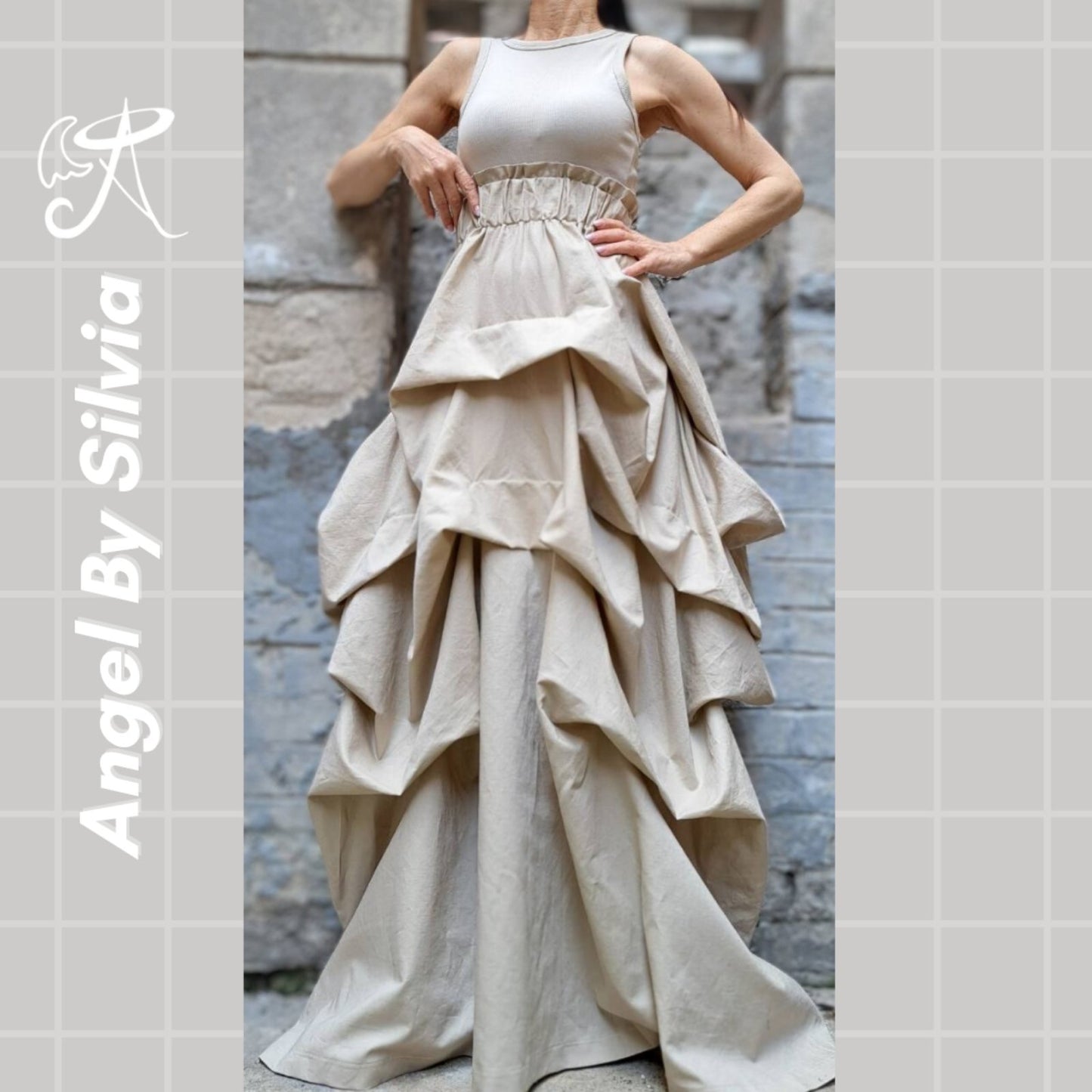 Linen Handmade Beige Maxi Skirt • Floor-Length Layered Boho Skirt • High Waist Flowy Elegant Skirt • Soft Textured Linen Skirt - Handmade clothing from Angel By Silvia - Top Designer Brands 