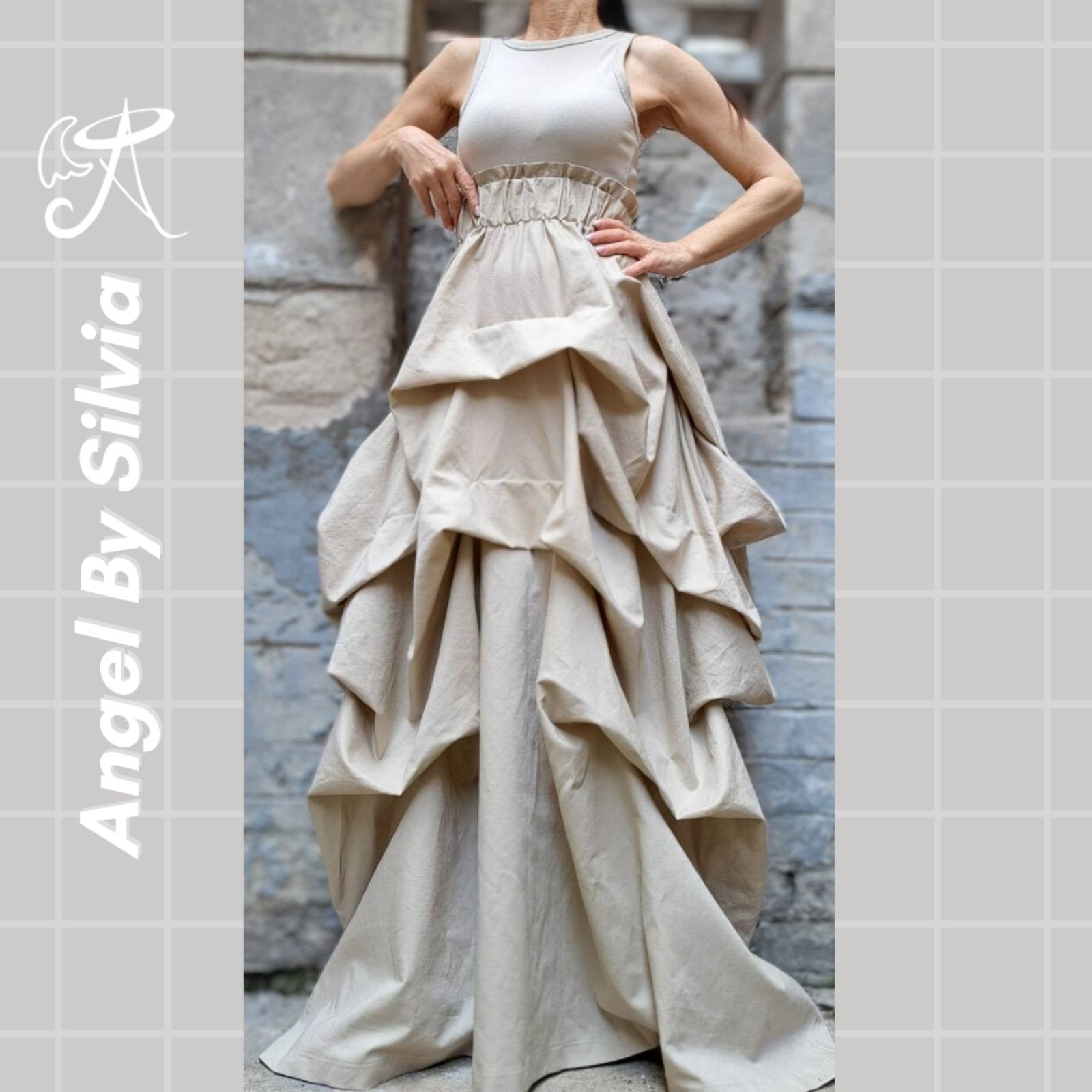 Linen Handmade Beige Maxi Skirt • Floor-Length Layered Boho Skirt • High Waist Flowy Elegant Skirt • Soft Textured Linen Skirt - Handmade clothing from Angel By Silvia - Top Designer Brands 