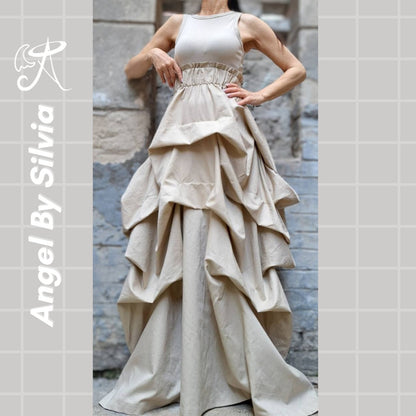 Linen Handmade Beige Maxi Skirt • Floor-Length Layered Boho Skirt • High Waist Flowy Elegant Skirt • Soft Textured Linen Skirt - Handmade clothing from Angel By Silvia - Top Designer Brands 