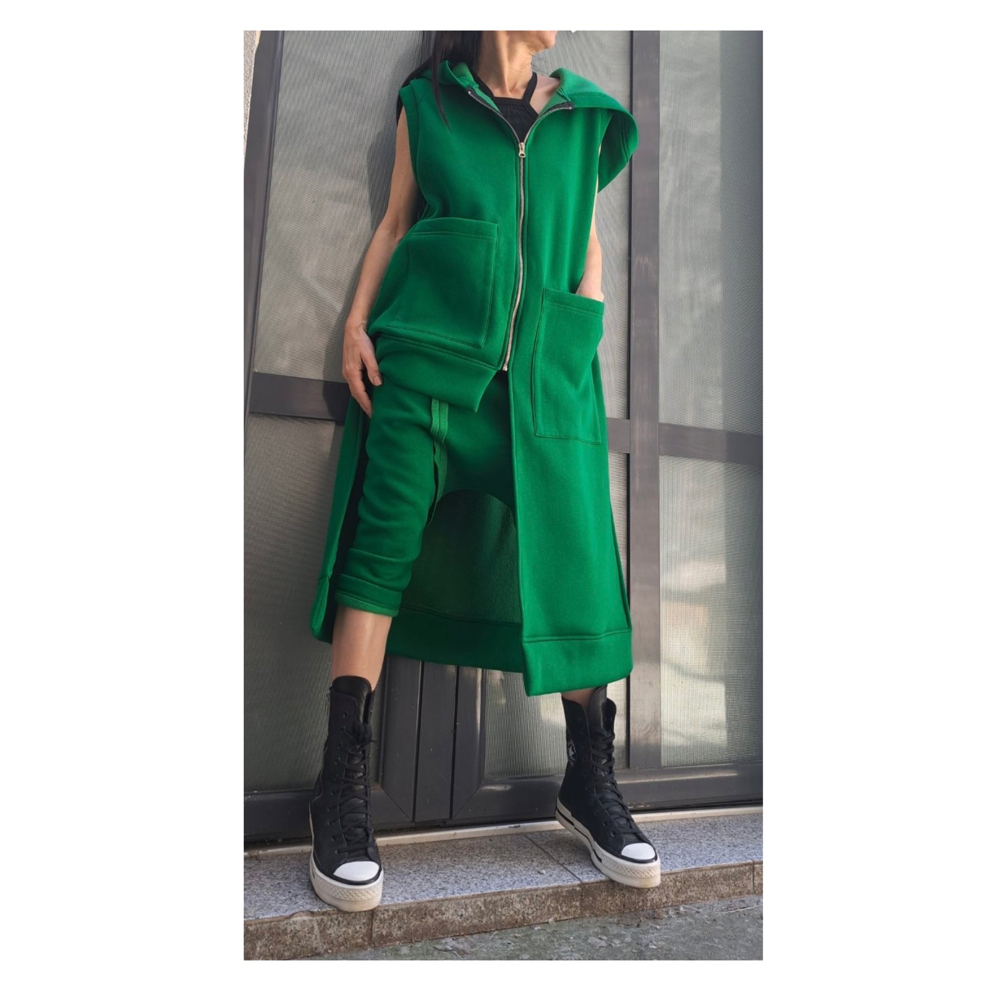 Extravagant Green Outfit / Asymmetric Two Piece Set / Hooded Warm Vest Pants / Outwear Green Set / Streetwear Woman Green Suit Set - Handmade clothing from Angel By Silvia - Top Designer Brands 