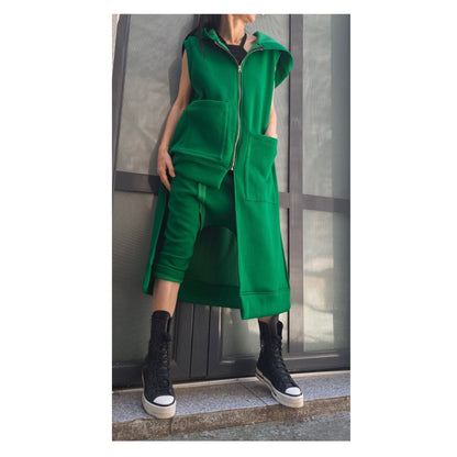 Extravagant Green Outfit / Asymmetric Two Piece Set / Hooded Warm Vest Pants / Outwear Green Set / Streetwear Woman Green Suit Set - Handmade clothing from Angel By Silvia - Top Designer Brands 