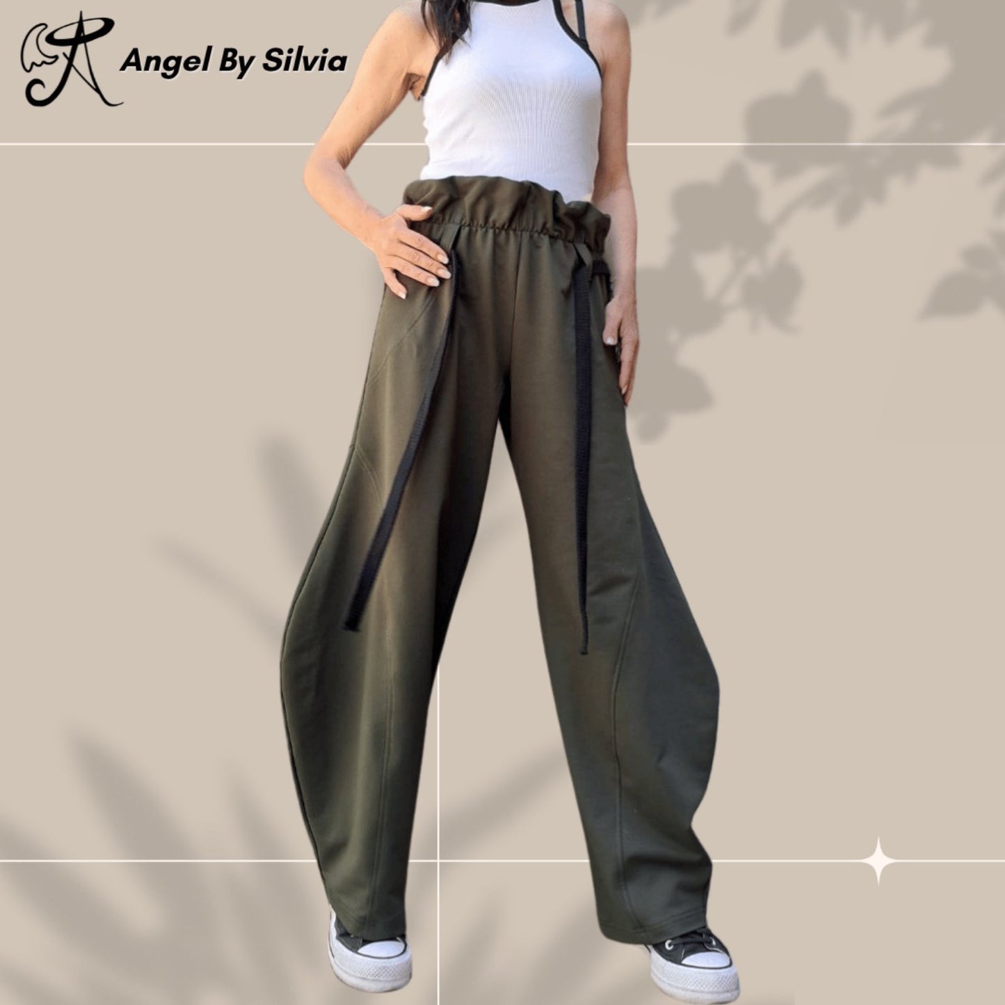 Military Green Balloon Pants for Women – High Waisted Loose Fit Cotton Trousers • Elastic Drawstring Joggers • Boho Streetwear Pants • Handmade XS to 5XL - Handmade clothing from Angel By Silvia - Top Designer Brands 