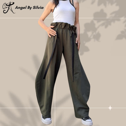 Military Green Balloon Pants for Women – High Waisted Loose Fit Cotton Trousers • Elastic Drawstring Joggers • Boho Streetwear Pants • Handmade XS to 5XL - Handmade clothing from Angel By Silvia - Top Designer Brands 