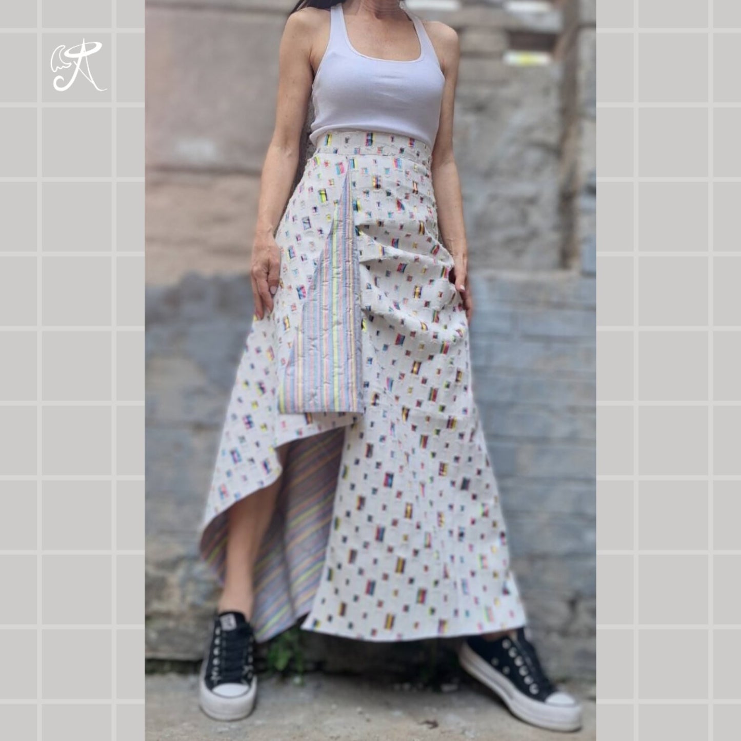 Designer Denim Maxi Skirt • Handmade Asymmetric Art Piece • White Base with Colorful Accents • Flowy Ankle-Length • Tailored Fit Available - Handmade clothing from Angel By Silvia - Top Designer Brands 