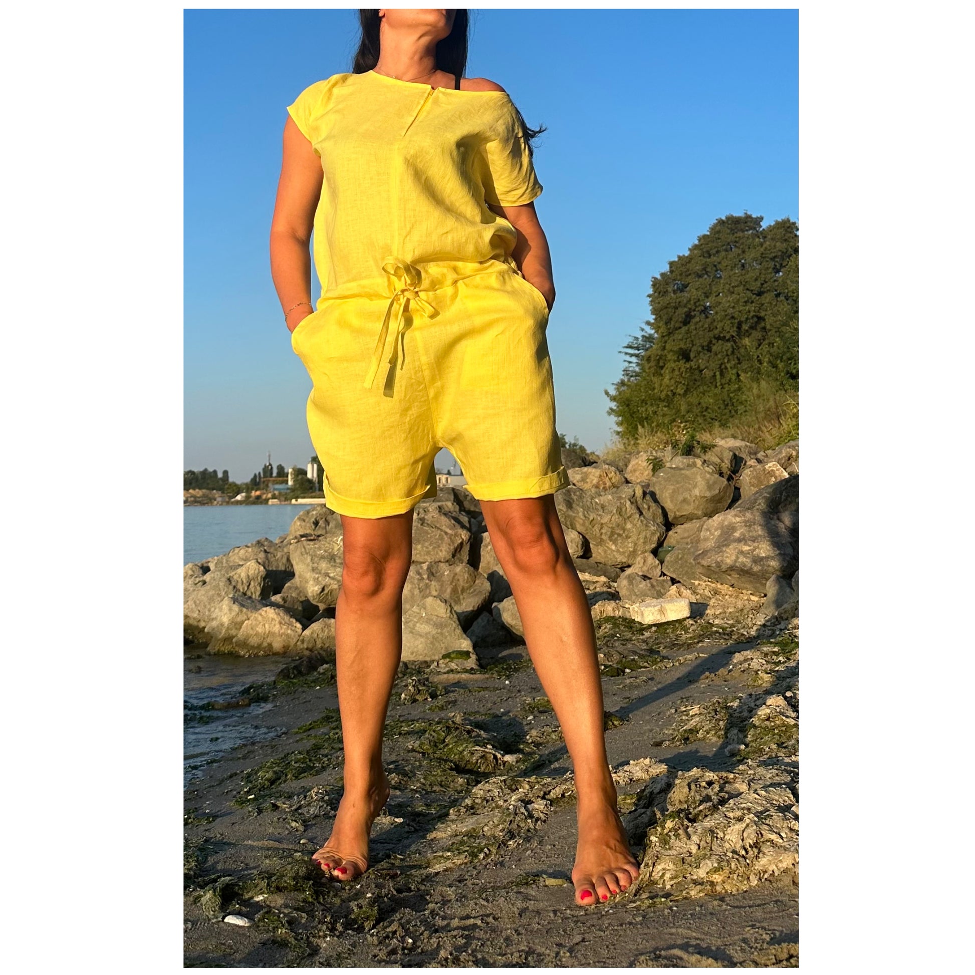 Linen Yellow Open Back Jumpsuit - Handmade clothing from Angel By Silvia - Top Designer Brands 