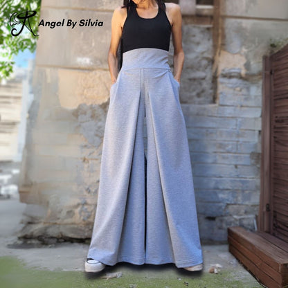 Gray Wide Leg Skirt Pants • High Waist Cotton Elastane Palazzo Pants • Flowy Versatile Bottoms • XS to 5XL - Handmade clothing from Angel By Silvia - Top Designer Brands 