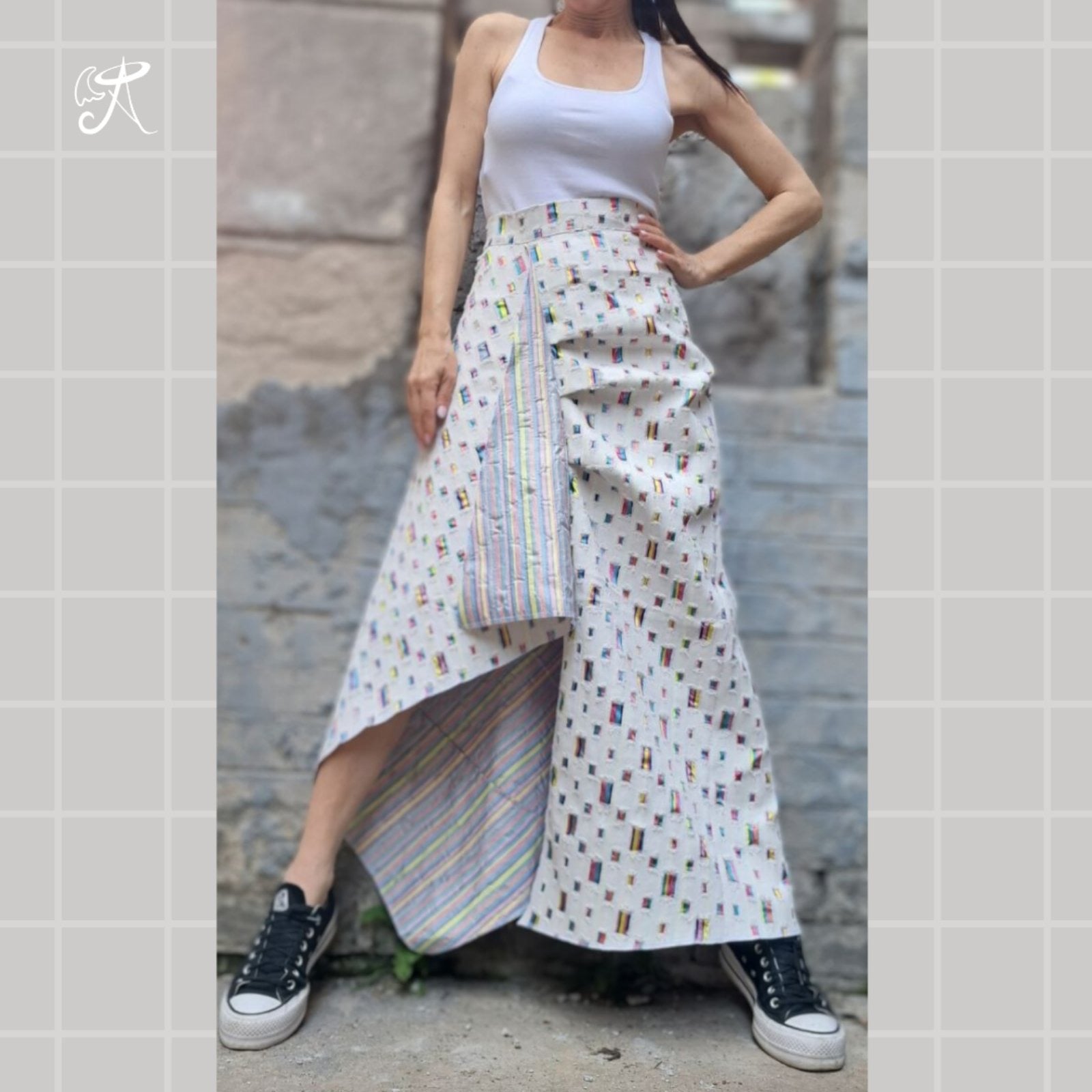 Designer Denim Maxi Skirt • Handmade Asymmetric Art Piece • White Base with Colorful Accents • Flowy Ankle-Length • Tailored Fit Available - Handmade clothing from Angel By Silvia - Top Designer Brands 