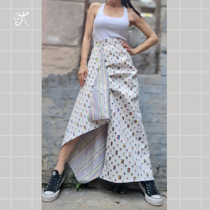 Designer Denim Maxi Skirt • Handmade Asymmetric Art Piece • White Base with Colorful Accents • Flowy Ankle-Length • Tailored Fit Available - Handmade clothing from Angel By Silvia - Top Designer Brands 