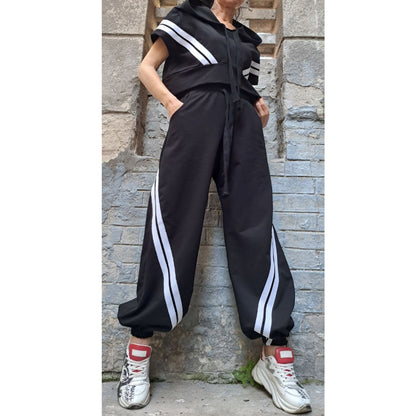 New Collection Loose Extravagant Pants Top Set / Casual Cotton Outwear Woman Outfit / Daywear Black White Tracksuit /  High Waist Pants - Handmade clothing from Angel By Silvia - Top Designer Brands 