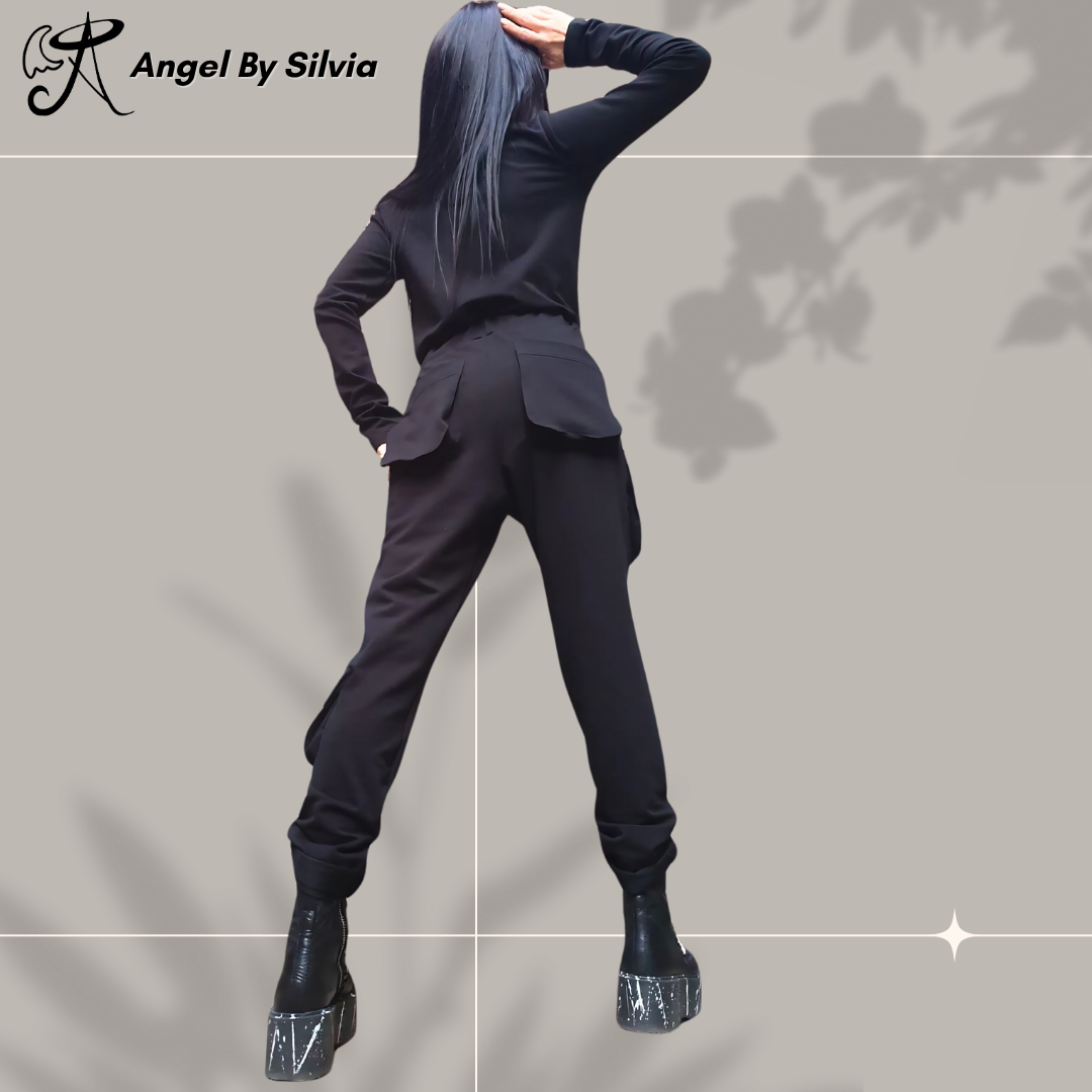 Sporty Elegant Black Cotton Overalls with Stretch Fabric • Casual One Piece Jumpsuit for Women • Stylish Comfortable Urban Outfit - Handmade clothing from Angel By Silvia - Top Designer Brands 
