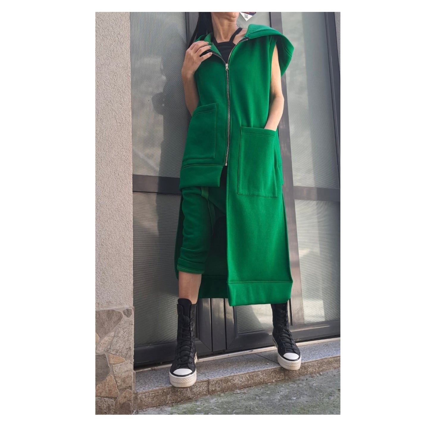 Extravagant Green Outfit / Asymmetric Two Piece Set / Hooded Warm Vest Pants / Outwear Green Set / Streetwear Woman Green Suit Set - Handmade clothing from Angel By Silvia - Top Designer Brands 