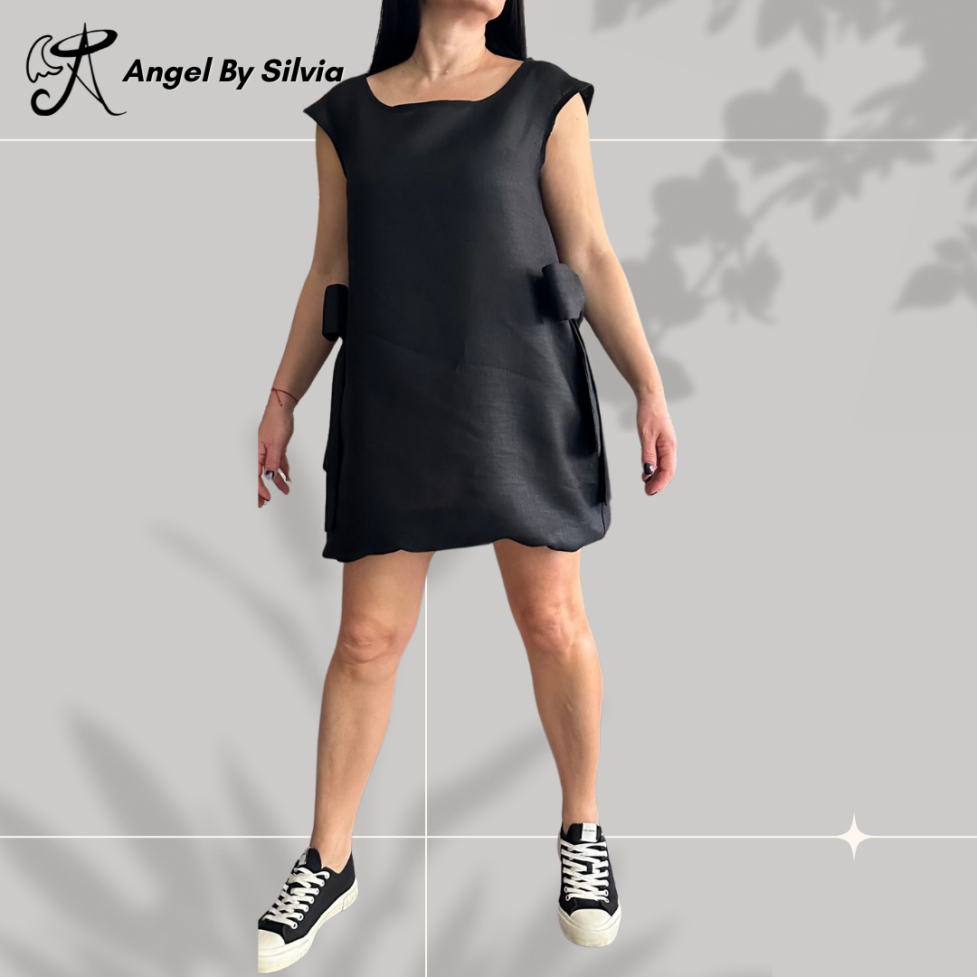 Black Linen Tunic Dress with Bows – Sleeveless Oversized Summer Dress – Handmade Minimalist Linen Clothing by AngelBySilvia - Handmade clothing from Angel By Silvia - Top Designer Brands 