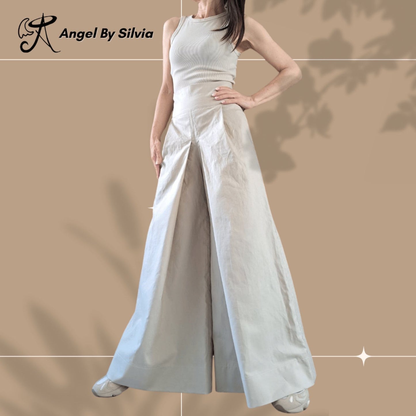 High Waist Linen Pants • Beige Wide Leg Trousers • Relaxed Fit Palazzo Pants • High Waist Boho Pants • Sizes XS-5XL - Handmade clothing from Angel By Silvia - Top Designer Brands 