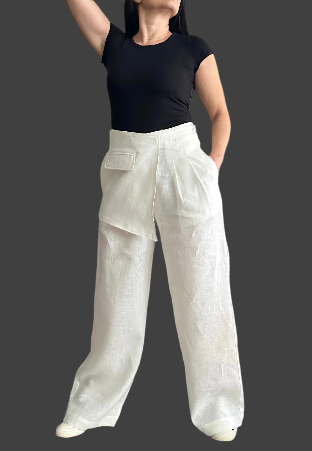 Streetwear Linen Wide Leg Pants / Extravagant Women’s Pants / Summer White Linen Pants / Casual High Waist Pants / Asymmetric Summer Pants - Handmade clothing from Angel By Silvia - Top Designer Brands 