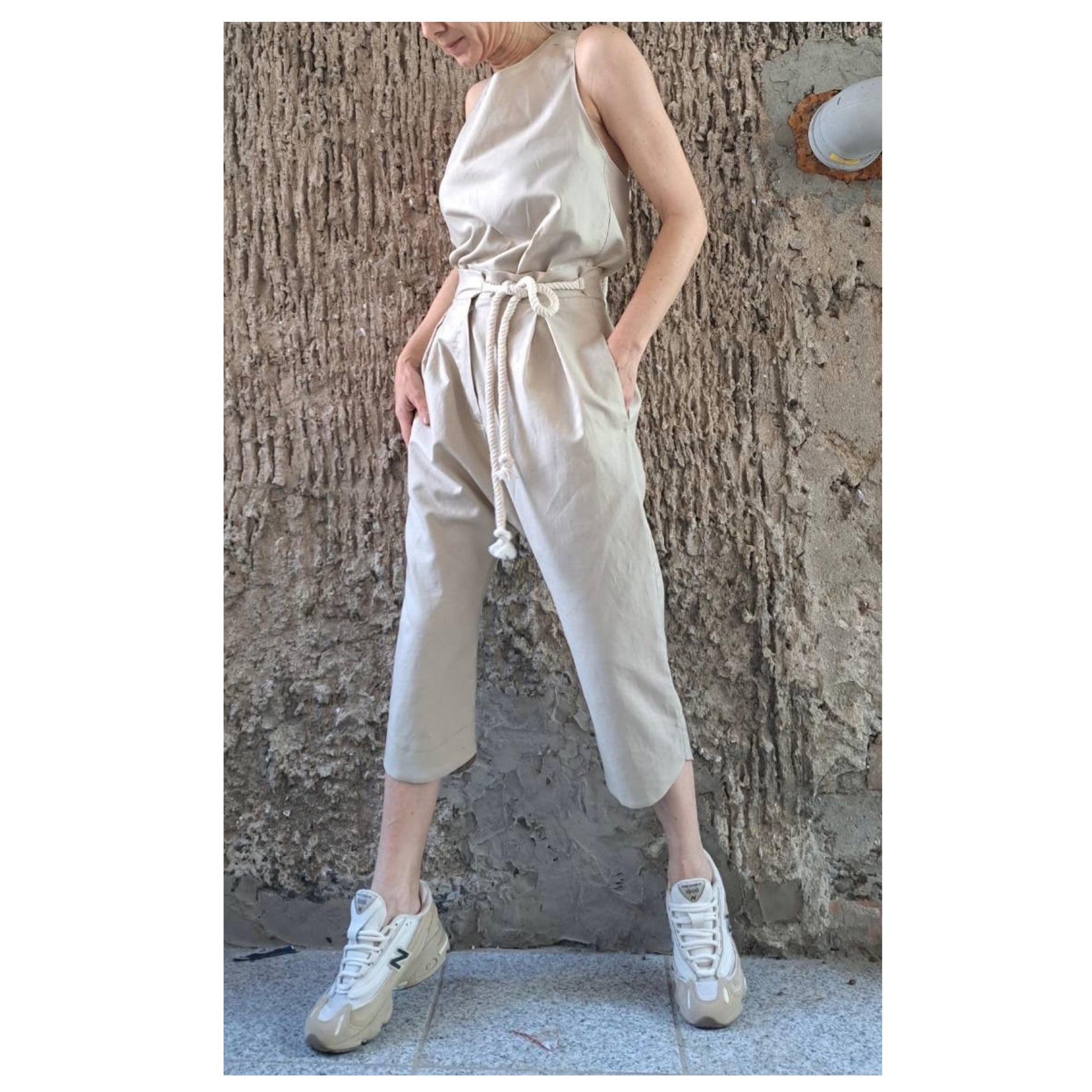 Summer Linen Women’s Set / Extravagant High Waist Linen Pants / Sleeveless Top / Daywear Beige Pants Top Outfits / Avantgarde Two Pieces Set - Handmade clothing from Angel By Silvia - Top Designer Brands 