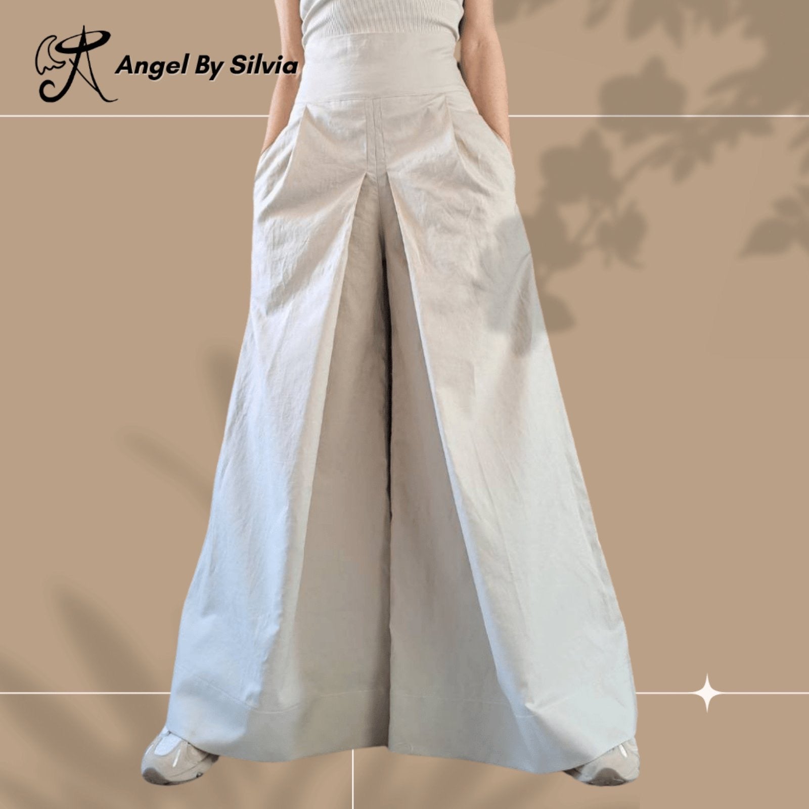 High Waist Linen Pants • Beige Wide Leg Trousers • Relaxed Fit Palazzo Pants • High Waist Boho Pants • Sizes XS-5XL - Handmade clothing from Angel By Silvia - Top Designer Brands 