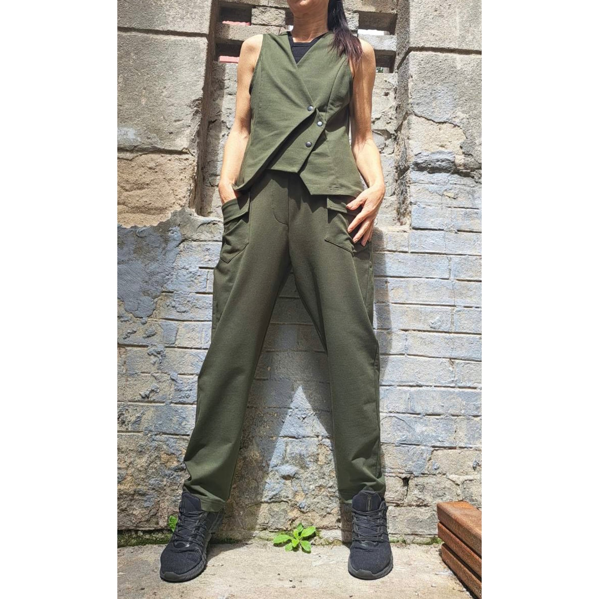 New Collection Extravagant Set / Asymmetric Military Green Outfit / Sleeveless Vest / Avantgarde Pants Vest Set / Streetwear Cotton Outfits - Handmade clothing from Angel By Silvia - Top Designer Brands 