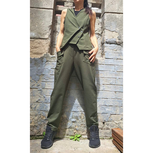 New Collection Extravagant Set / Asymmetric Military Green Outfit / Sleeveless Vest / Avantgarde Pants Vest Set / Streetwear Cotton Outfits - Handmade clothing from Angel By Silvia - Top Designer Brands 