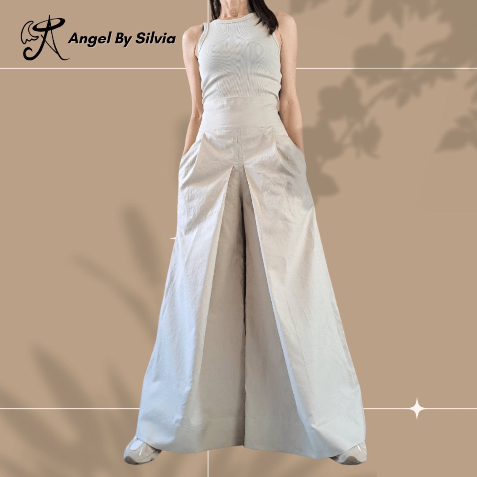 High Waist Linen Pants • Beige Wide Leg Trousers • Relaxed Fit Palazzo Pants • High Waist Boho Pants • Sizes XS-5XL - Handmade clothing from Angel By Silvia - Top Designer Brands 