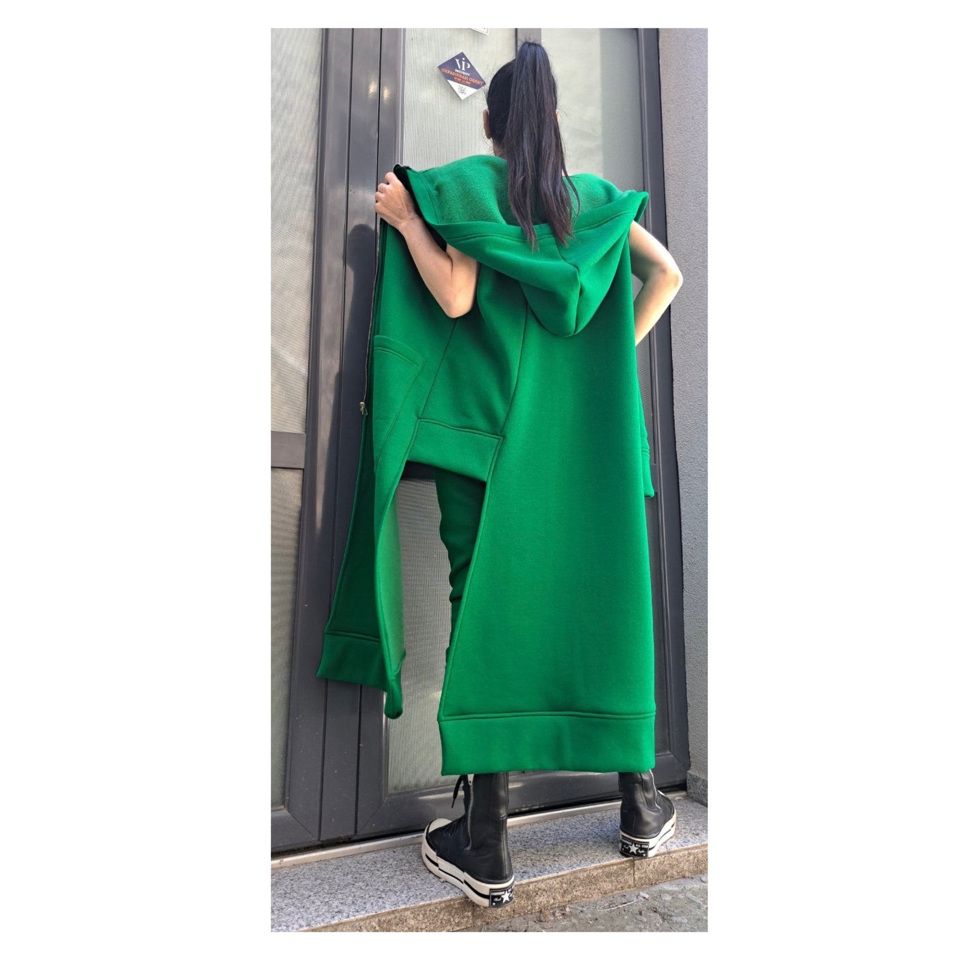 Extravagant Green Outfit / Asymmetric Two Piece Set / Hooded Warm Vest Pants / Outwear Green Set / Streetwear Woman Green Suit Set - Handmade clothing from Angel By Silvia - Top Designer Brands 