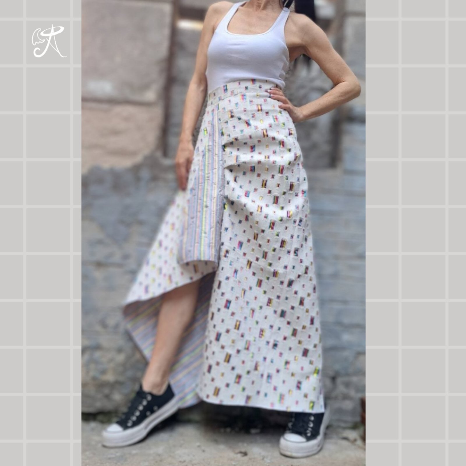Designer Denim Maxi Skirt • Handmade Asymmetric Art Piece • White Base with Colorful Accents • Flowy Ankle-Length • Tailored Fit Available - Handmade clothing from Angel By Silvia - Top Designer Brands 