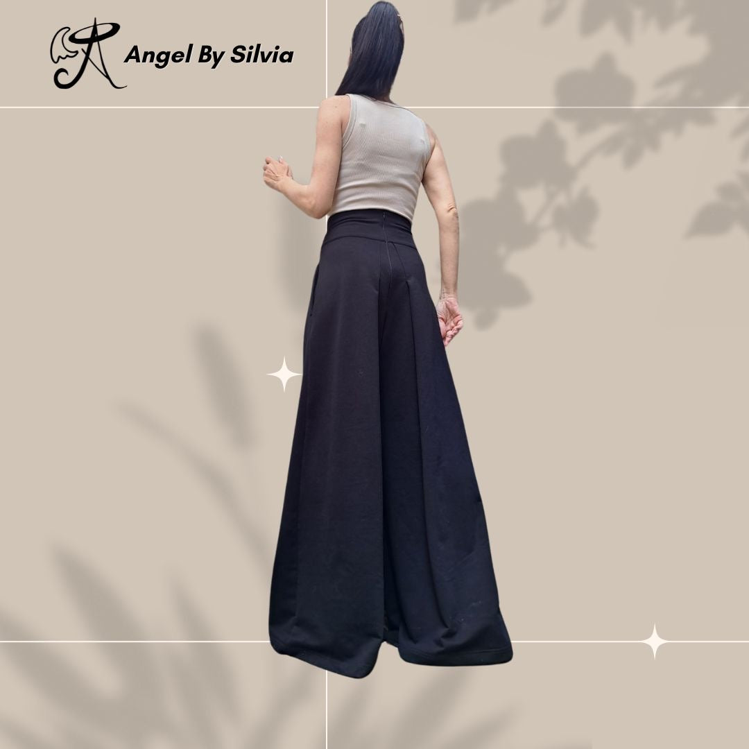 Black High Waist Wide Leg Cotton Pants for Women • Elegant Stretch Cotton Trousers • Relaxed Fit Summer Pants • Handmade Sizes XS-5XL - Handmade clothing from Angel By Silvia - Top Designer Brands 