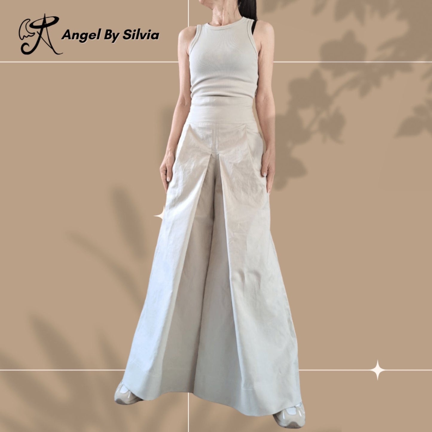 High Waist Linen Pants • Beige Wide Leg Trousers • Relaxed Fit Palazzo Pants • High Waist Boho Pants • Sizes XS-5XL - Handmade clothing from Angel By Silvia - Top Designer Brands 