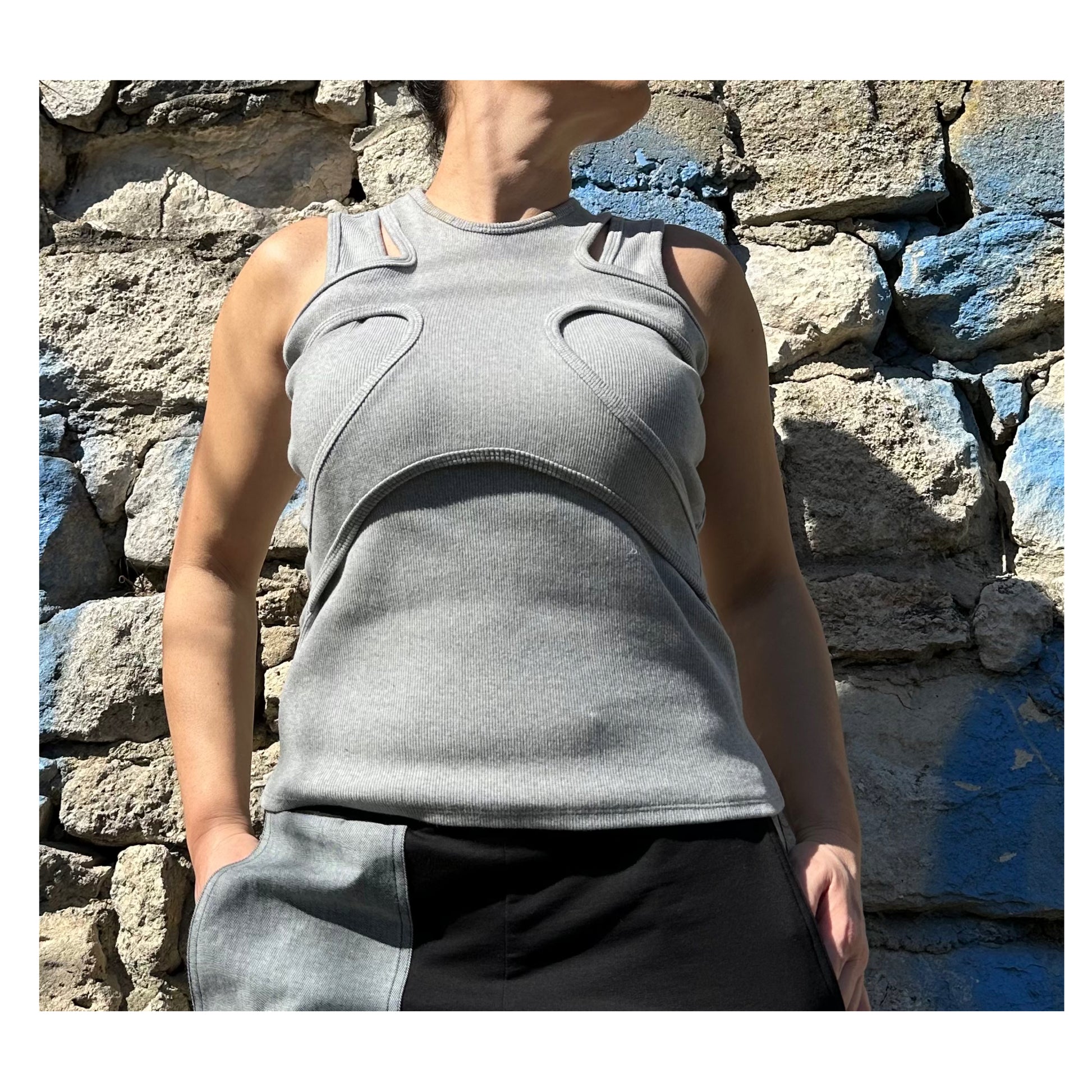 Grey Asymmetric Straps Top , High Front Neckline Top - Handmade clothing from Angel By Silvia - Top Designer Brands 